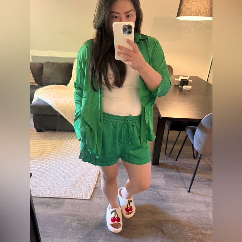 Zara Satin Green Button down shirt and shorts set